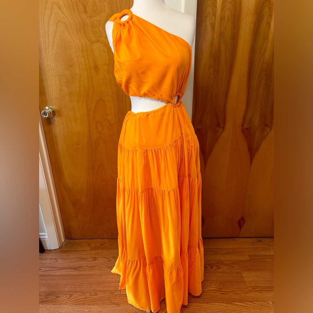 Farm Rio orange asymmetrical maxi dress one shoulder and cut outs size small